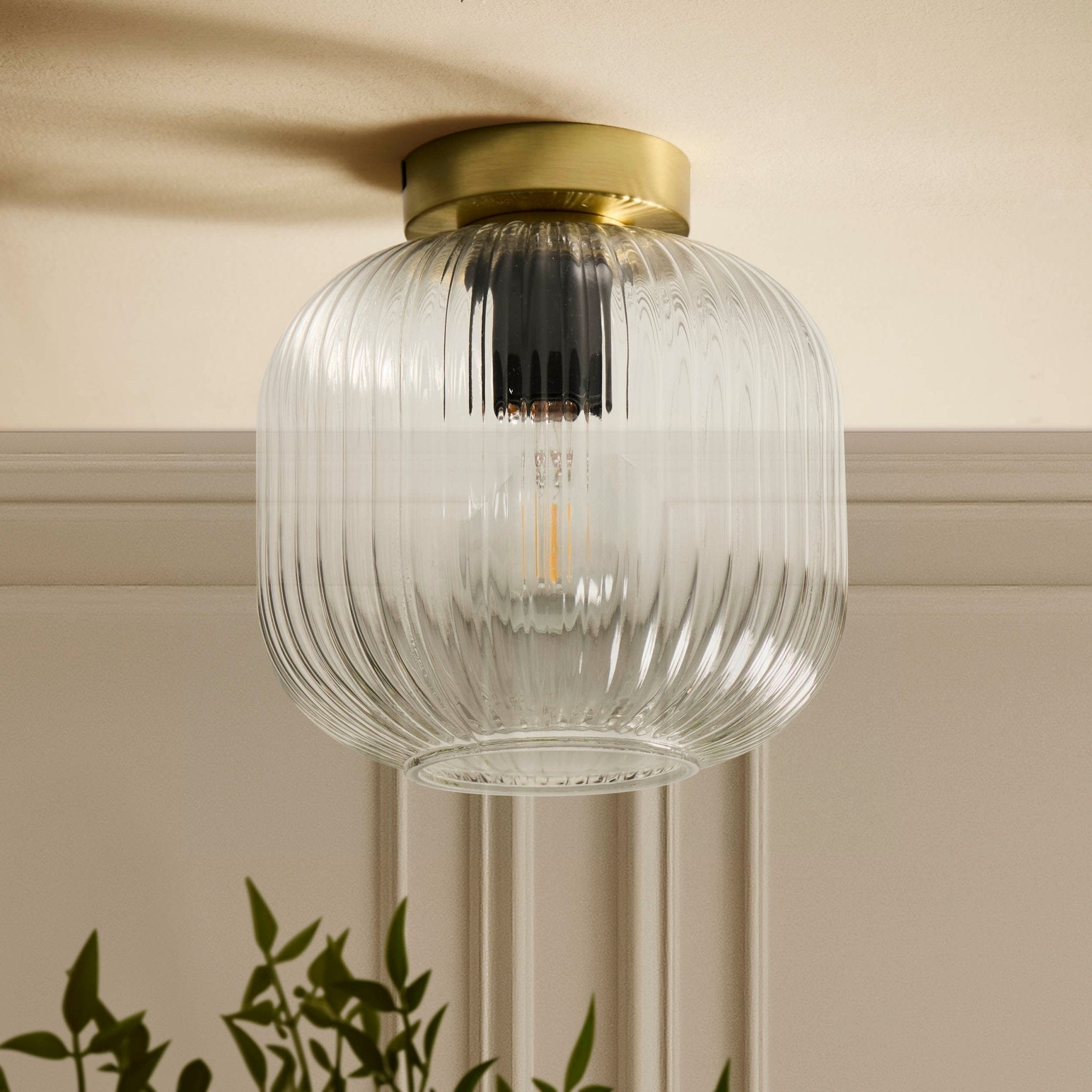 Jules Ribbed Glass Flush Ceiling Light - Clear/Gold