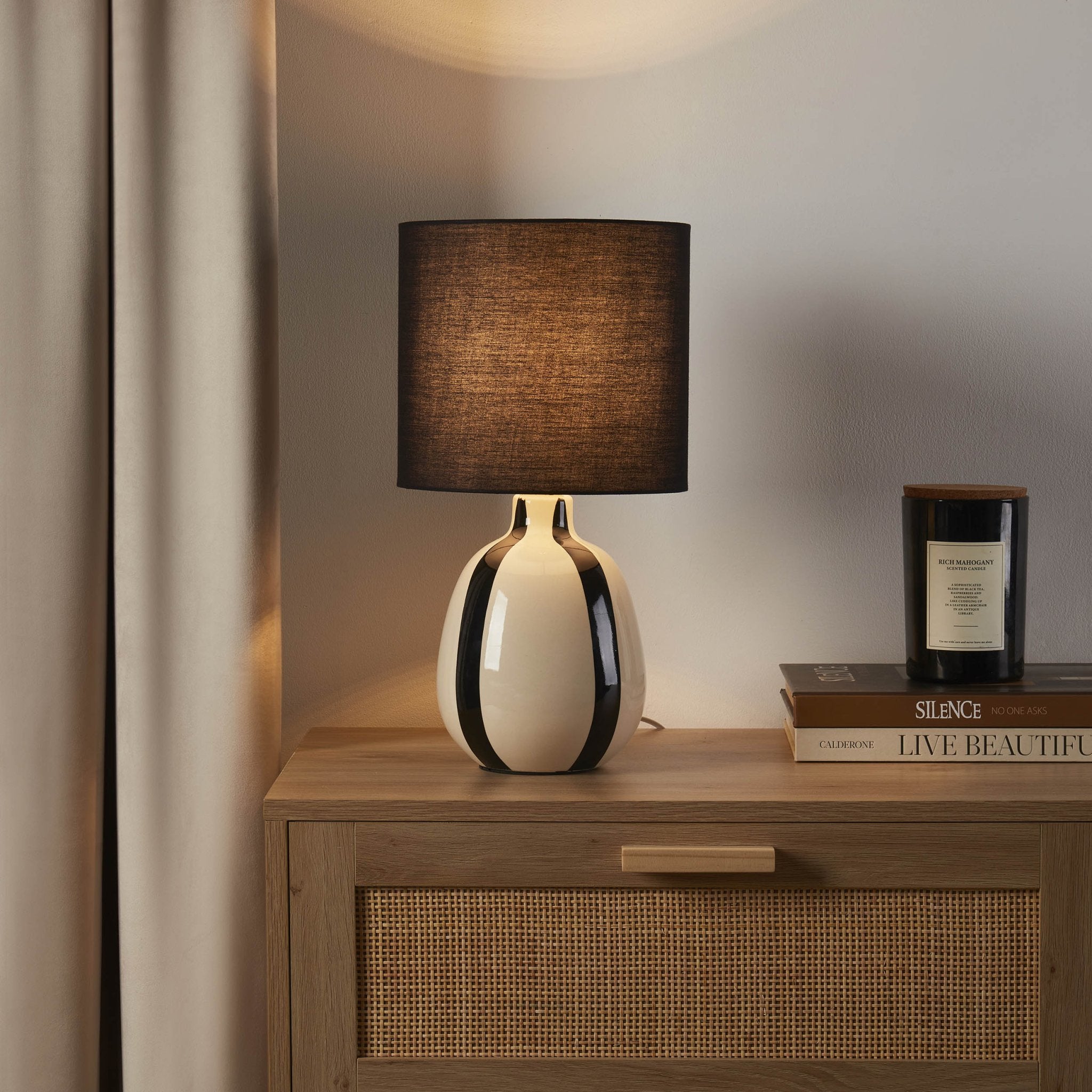 Retro Striped Table Lamp - Warm Ambient Light - Ceramic Black Cream - Home Office