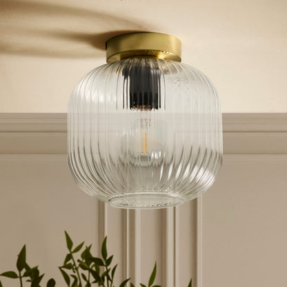 Jules Ribbed Glass Flush Ceiling Light - Clear/Gold