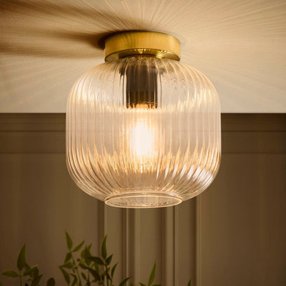 Jules Ribbed Glass Flush Ceiling Light - Clear/Gold