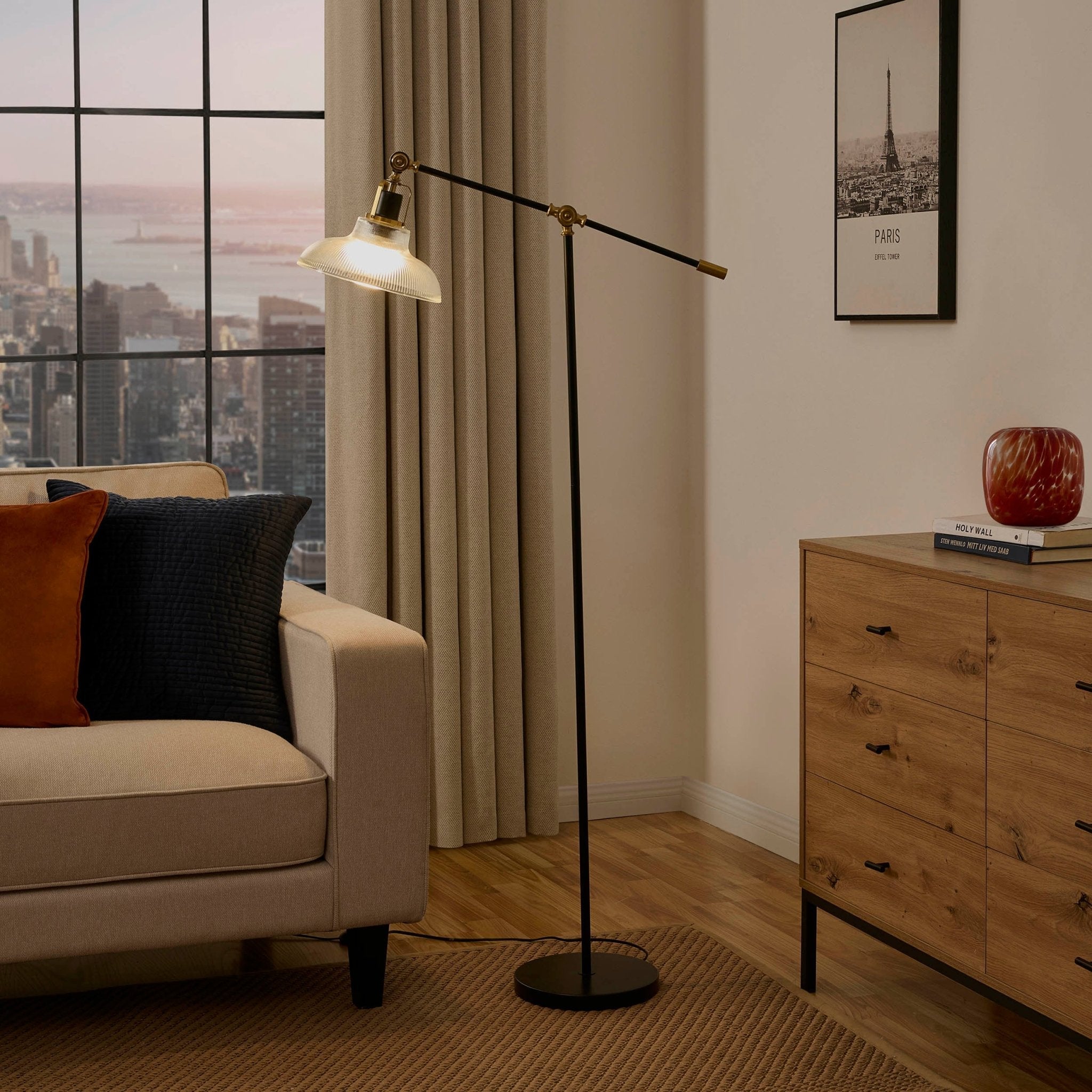 Rita Glass Shade Adjustable Floor Lamp - Black - Martlaz