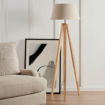 Wooden Tripod Floor Lamp Natural Style - Sturdy Design, White Shade