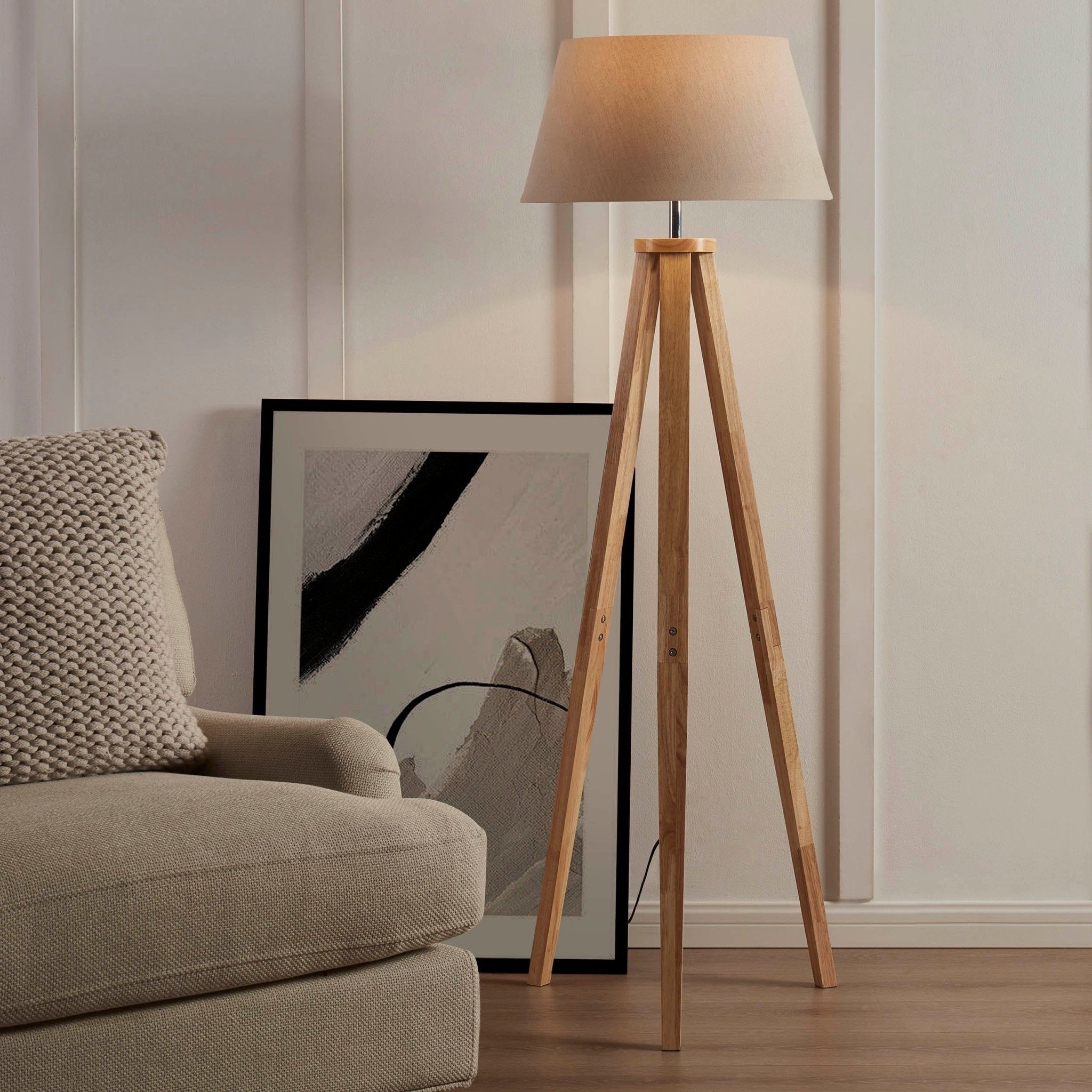 Wooden Tripod Floor Lamp Natural Style - Sturdy Design, White Shade